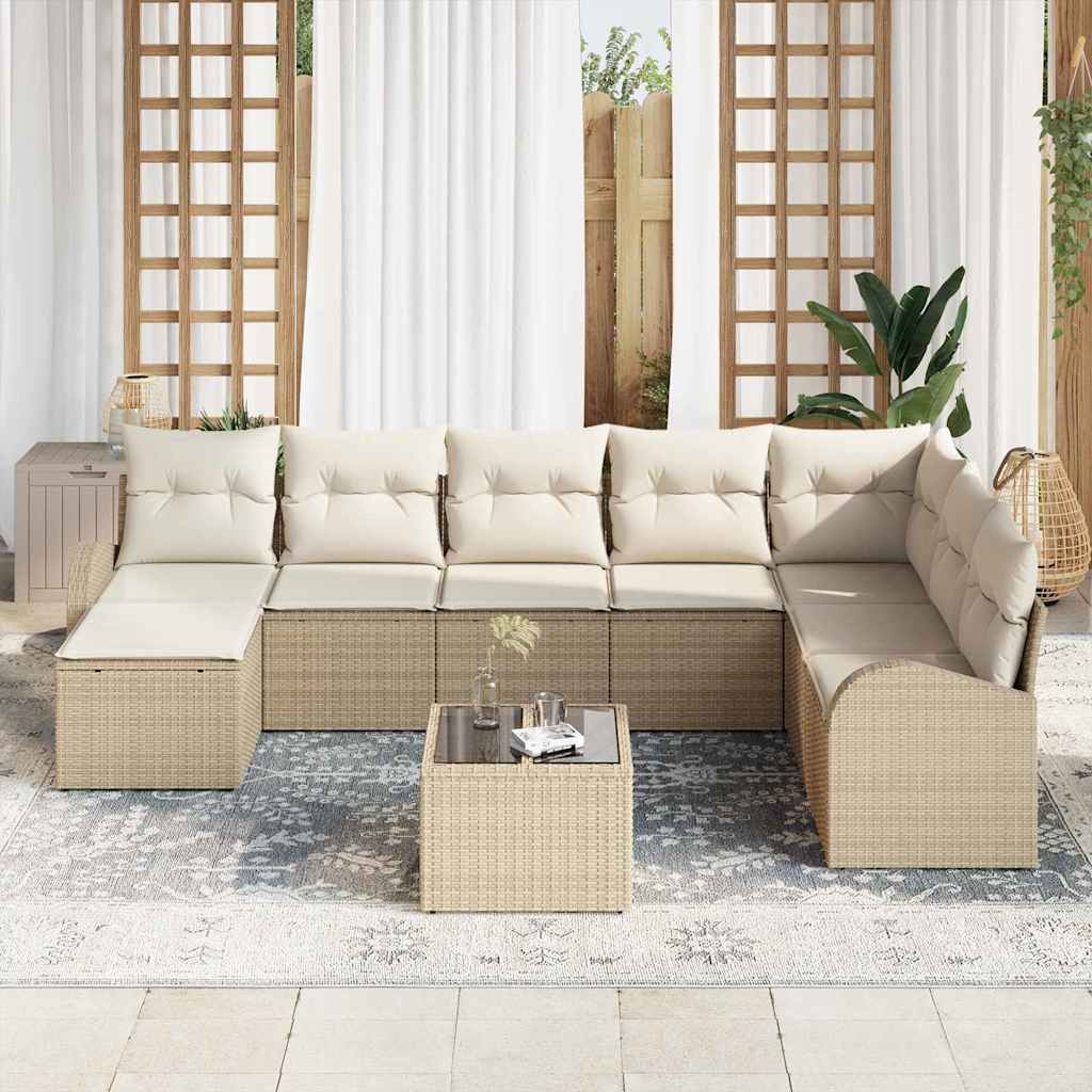 Garten-Sofa-Set mit Kissen 9 pcs Beige und Weiß Poly Rattan